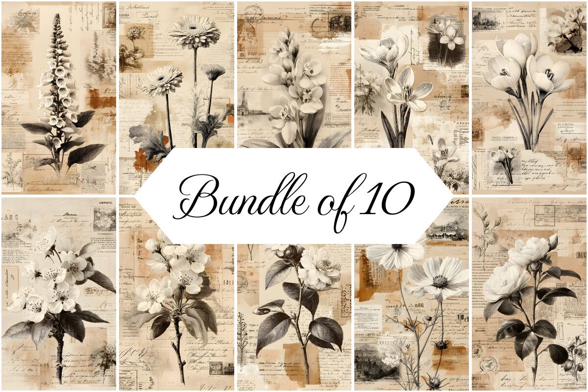 Vintage Botanical Paper Bundle of 10