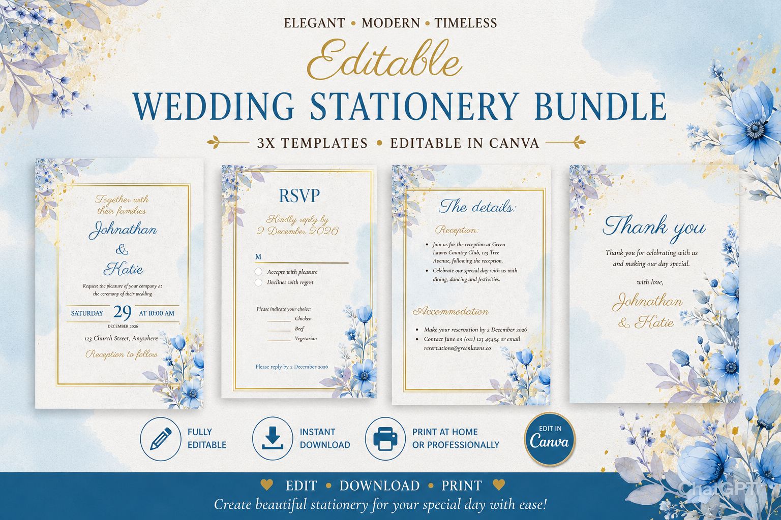 Wedding Stationery Bundle - Blue & Gold