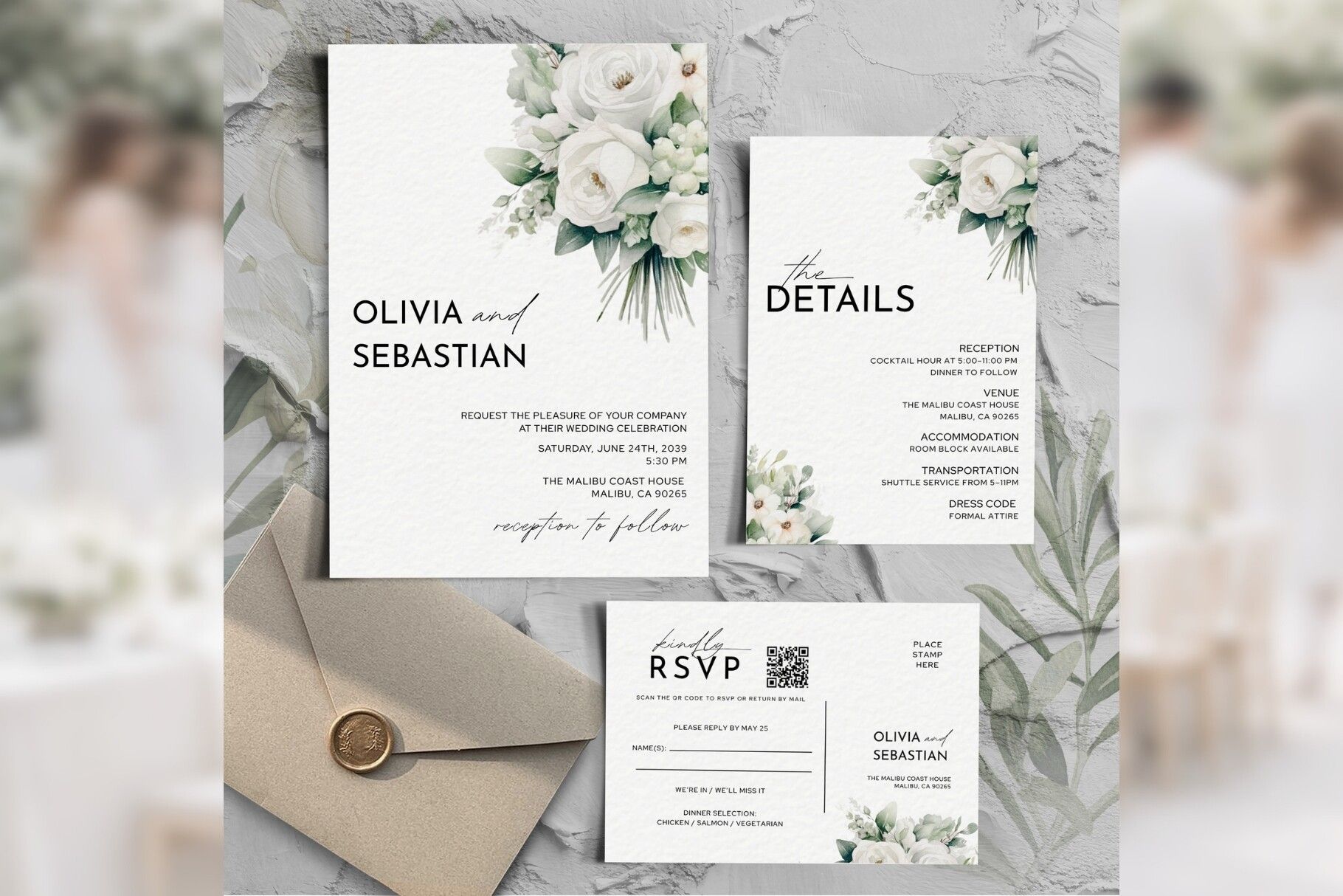 White Floral Invitation Suite Bd012